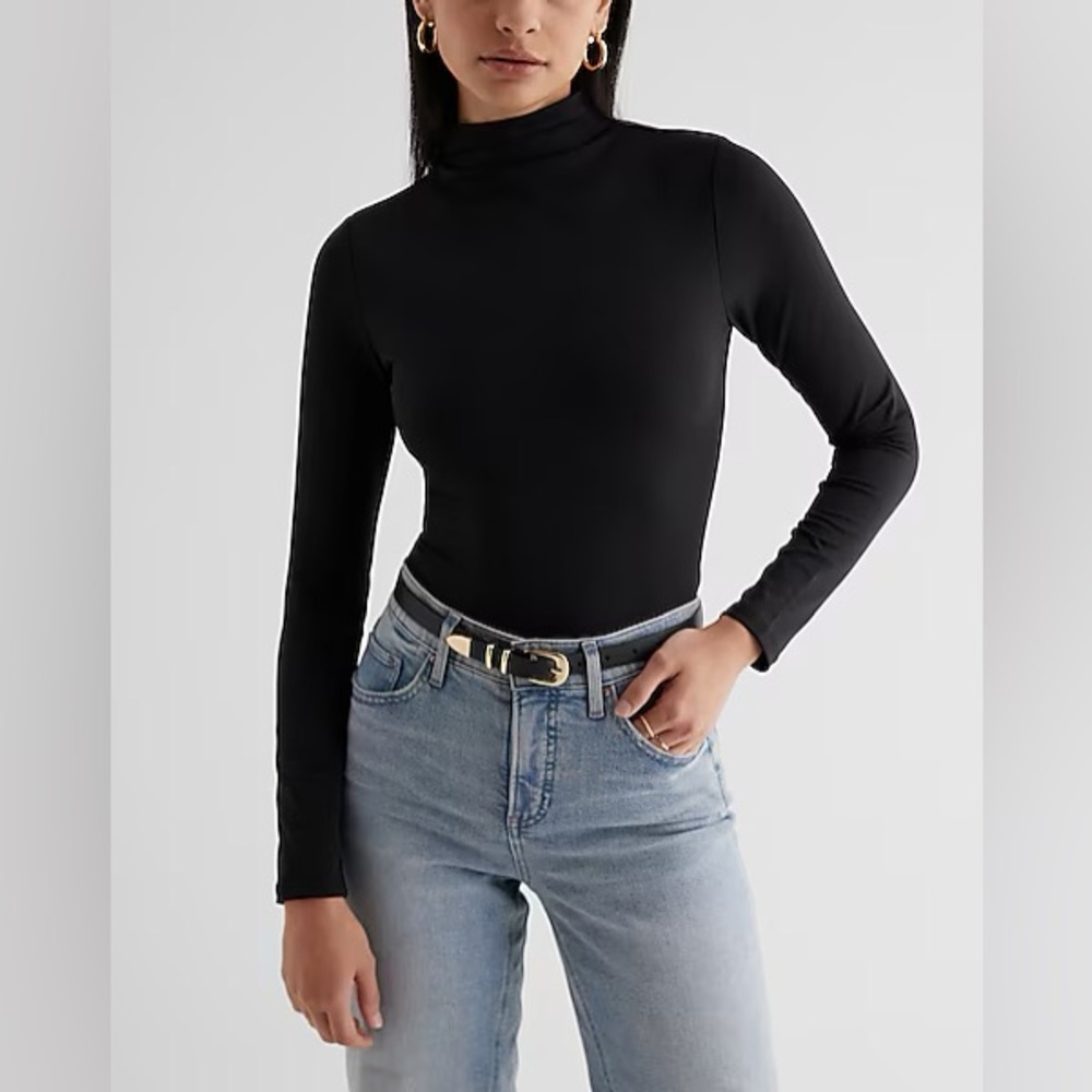 Express Body Contour High Compression Mock Neck Long Sleeve Bodysuit Black XS